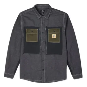 Camisa-chaqueta tejida de hombre Converse Flowers con logotipo pequeño, estilo retro, con empalmes y colores contrastantes, negro oscuro