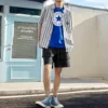 Camisa de manga corta a rayas con botones Tallas asiáticas «Azul»
