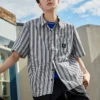 Camisa de manga corta a rayas con botones Tallas asiáticas «Azul»