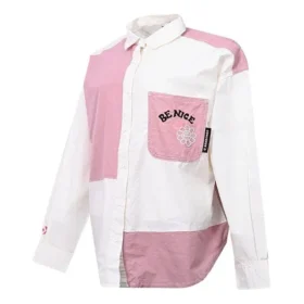 Camisa de manga larga con bloques de color y pequeño logotipo de flores, en blanco y rosa