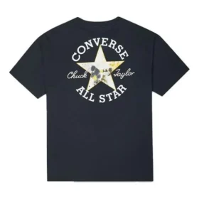 Camiseta negra de manga corta, cuello redondo, holgada y casual con estampado de letras bordadas