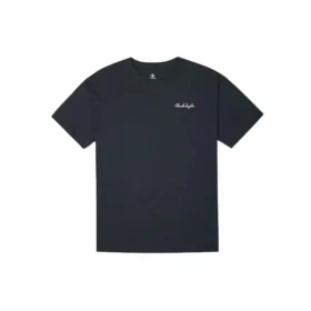 Camiseta negra de manga corta, cuello redondo, holgada y casual con estampado de letras bordadas