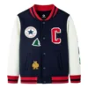 Chaqueta de béisbol bordada con bloques de color Tallas asiáticas «Azul marino, blanco, rojo»