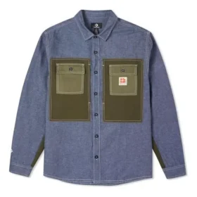 Chaqueta de camisa tejida para hombre Converse Flowers con logotipo pequeño, estilo retro, colores contrastantes y empalmes, azul