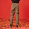 Pantalones de cintura elástica de color liso Tallas asiáticas «Verde oliva»