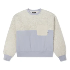 Sudadera con capucha de cuello redondo de lana de cordero con empalmes, color blanco leche Sudadera con capucha de cuello redondo de lana de cordero con empalmes, color blanco leche