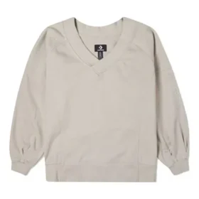 Sudadera con capucha de punto suelto de color liso y cuello en V, color beige
